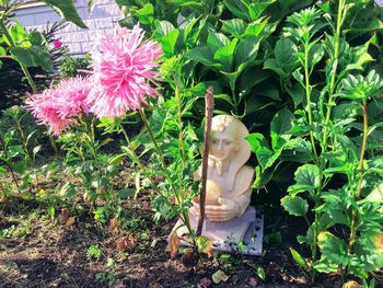 Close-up of statue amidst flowering plants