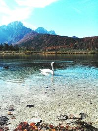 Scenic view of lake by mountains against sky