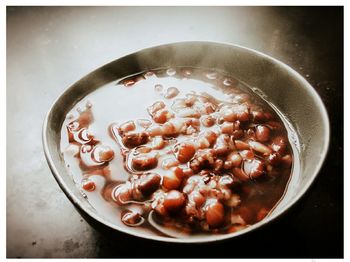 High angle view of noodles in bowl on table