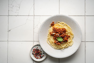 High angle view of food in plate