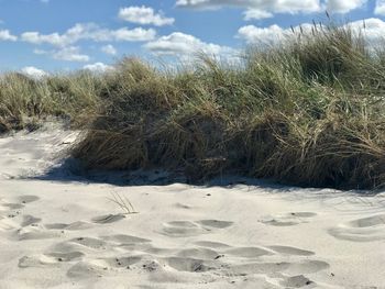 Sand dune on beach against sky