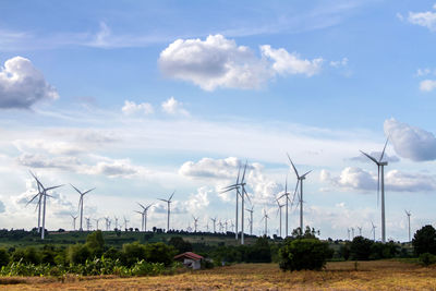 Windmills on field against sky