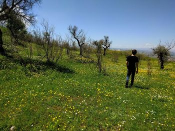 Rear view of man walking on field against sky