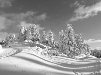 Snow covered landscape against sky