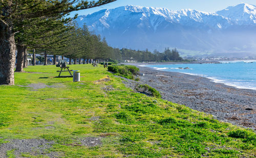 Scenic view of sea and mountains