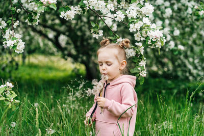 Girl with dandelion blooming apple trees