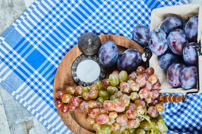 High angle view of grapes on table
