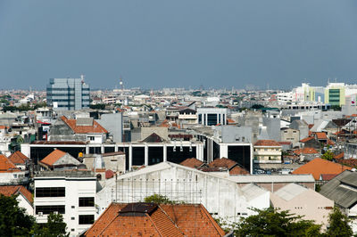 High angle view of cityscape against clear sky