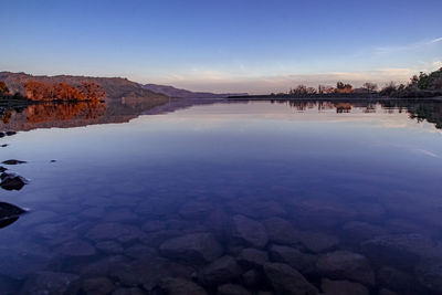 Scenic view of lake against blue sky during sunset