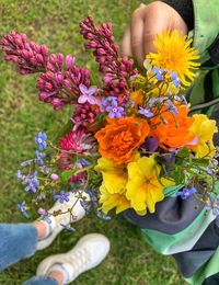 Midsection of person holding bouquet of flowering plant