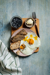 High angle view of breakfast on table