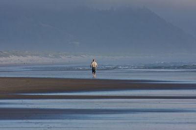 Rear view of a man walking on beach