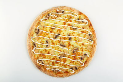 High angle view of pizza against white background