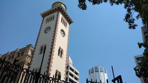 Low angle view of building against clear blue sky