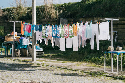 Clothesline getting dried on a bright and sunny afternoon in espinho , portugal