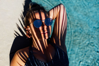 High angle view of woman wearing sunglasses