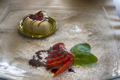 High angle view of fruits in plate