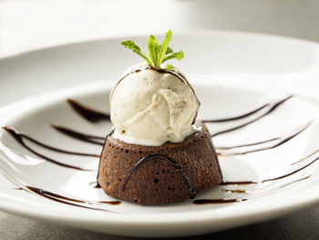 Close-up of cake on ice cream in plate