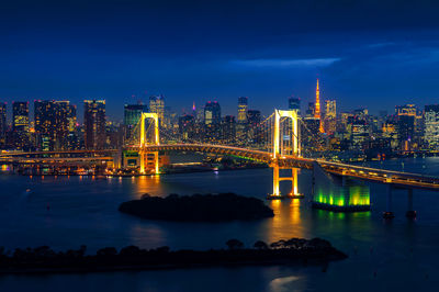 Illuminated rainbow bridge over river at night