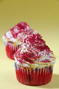 Close-up of red velvet cakes on table