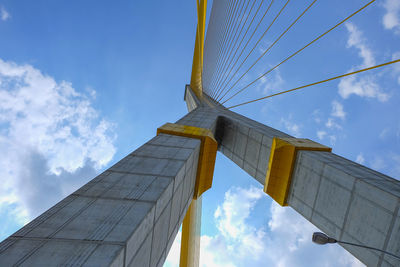 Low angle view of bridge and buildings against sky