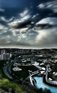 High angle view of city against sky