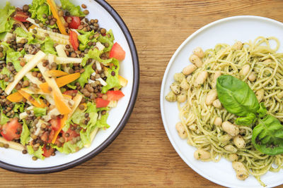 High angle view of meal served on table