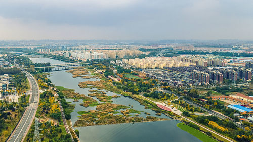 High angle view of cityscape against sky