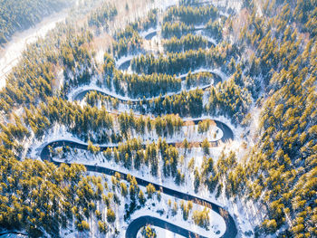 High angle view of winding road in winter