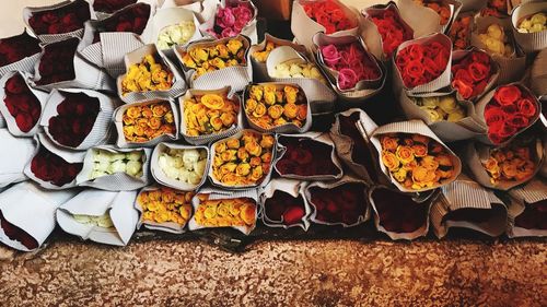 High angle view of multi colored vegetables for sale