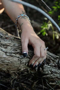 Cropped image of model touching broken branch