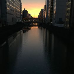 River in city against sky at sunset