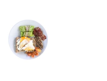 Directly above shot of food in plate against white background