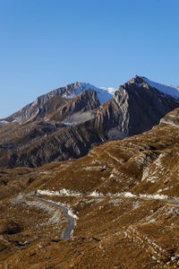 Scenic view of mountains against clear blue sky