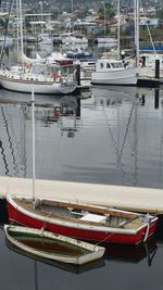 Sailboats moored in harbor