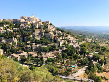 High angle view of townscape against clear sky