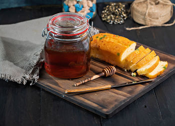 Close-up of ice cream in jar on table