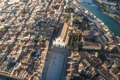 Aerial view of florence along the arno river and the old town from above, tuscany, italy,