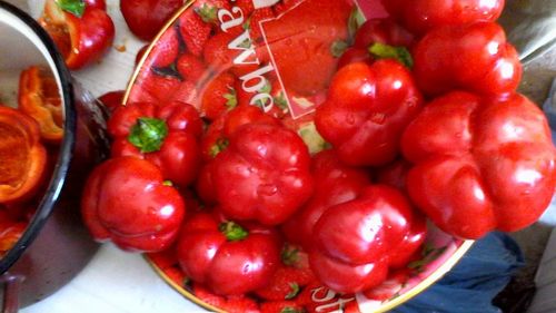 High angle view of cherries in bowl