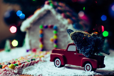 Close-up of toy car on street