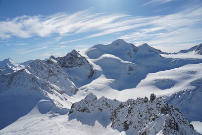 Scenic view of snow covered mountains against sky