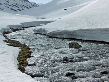 Scenic view of snowcapped mountains during winter