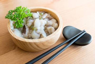 High angle view of vegetables in bowl on table