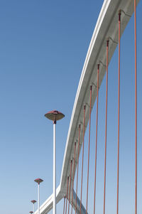 Low angle view of flags against clear blue sky