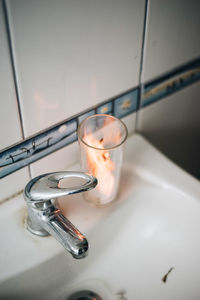 High angle view of glasses in bathroom