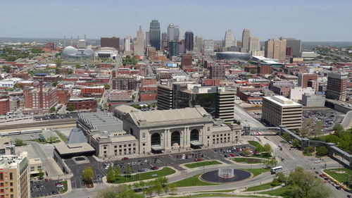 Distant view of one kansas city place amidst modern buildings in city