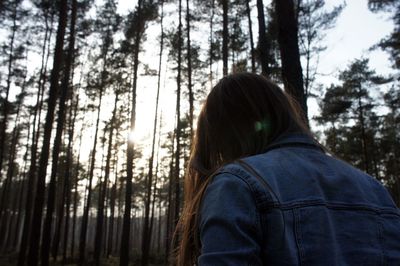 Rear view of woman against trees in forest