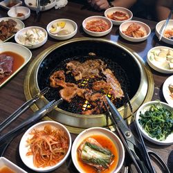 High angle view of meal served on table