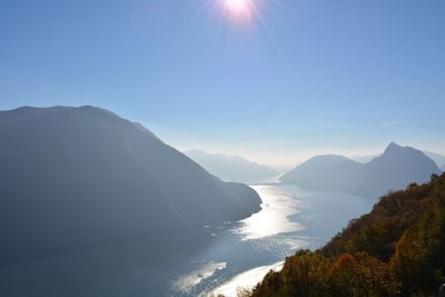 Scenic view of sea and mountains against sky