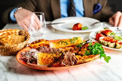 Close-up of food served on table